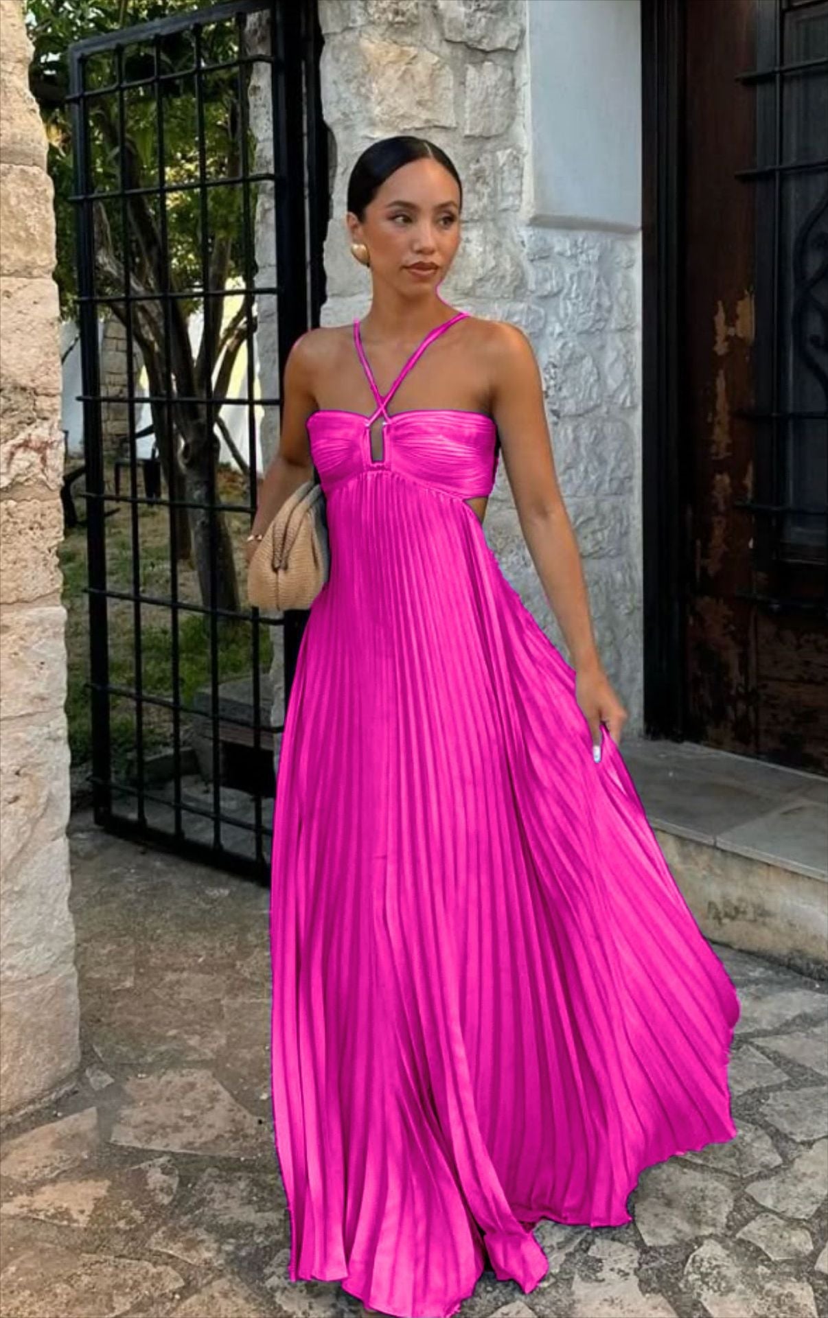 Women's Pleated Off-Shoulder Dress – Adjustable Strap Formal Dress