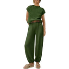 Women's Short Sleeve Pants Set – Crew Neck Top & High Waist Trouser Set
