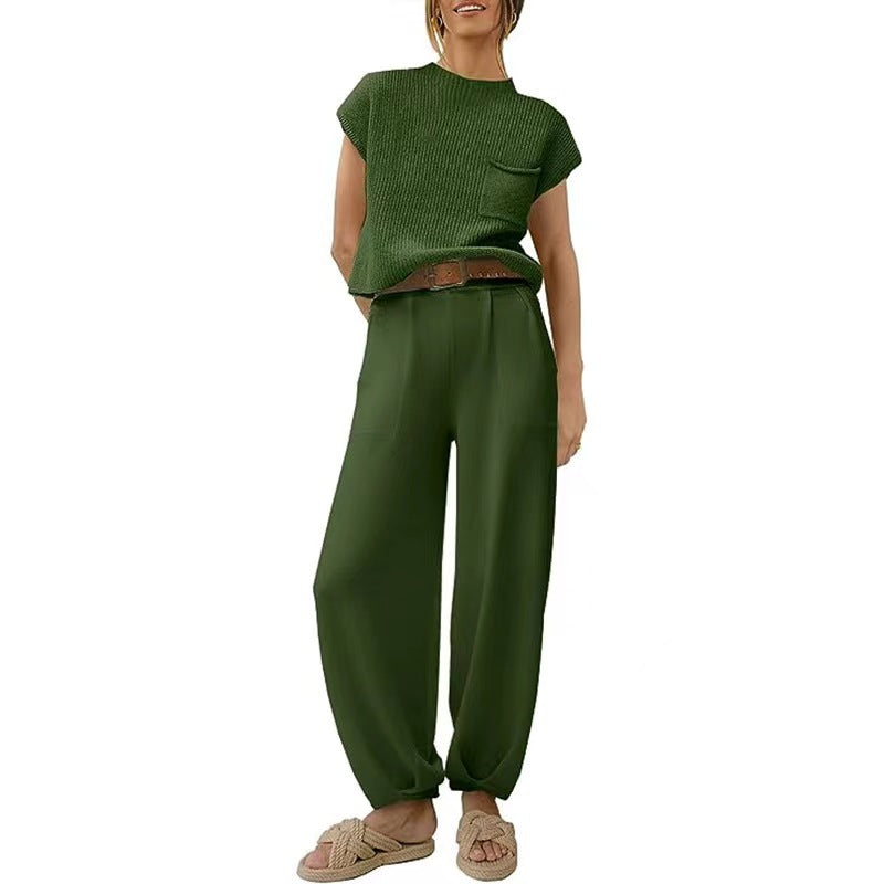 Women's Short Sleeve Pants Set – Crew Neck Top & High Waist Trouser Set
