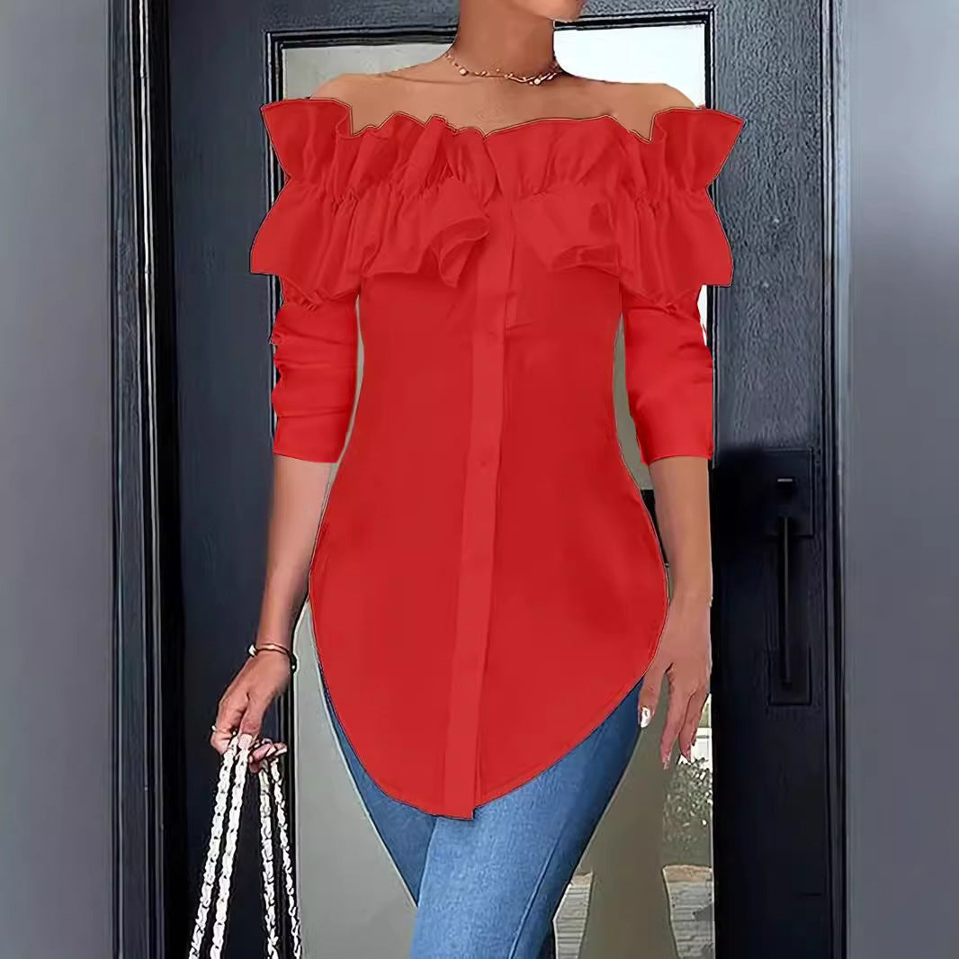 Women's Off-Shoulder Ruffle Blouse – Button Front Three-Quarter Sleeve Blouse