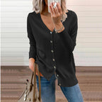Women's V-Neck Button Cardigan – Ribbed Long Sleeve Knit Cardigan