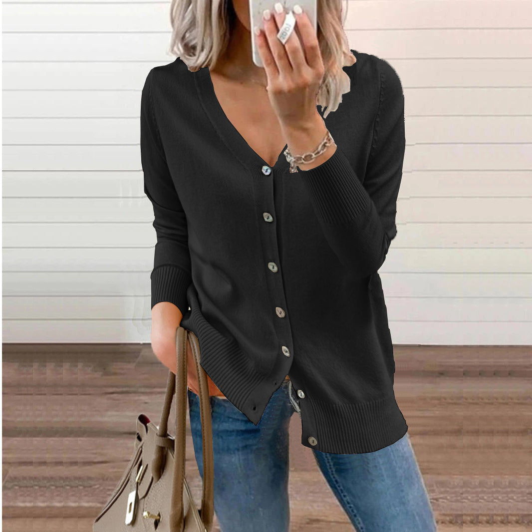 Women's V-Neck Button Cardigan – Ribbed Long Sleeve Knit Cardigan