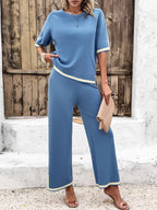 Women's Split Hem Wide Leg Lounge Set – Relaxed Top and Trousers Set