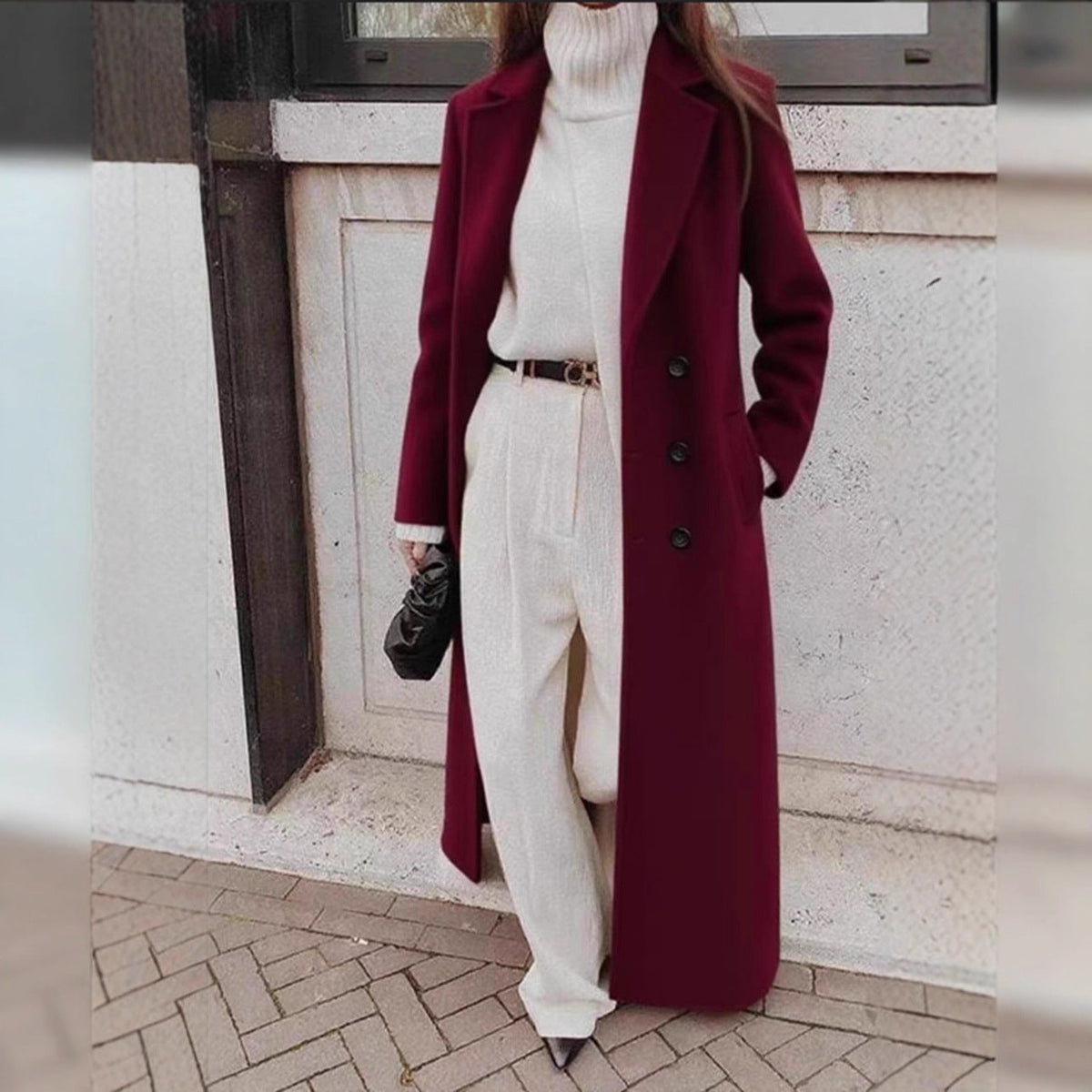 Women's Double-Breasted Long Coat – Deep Pocket Tailored Overcoat