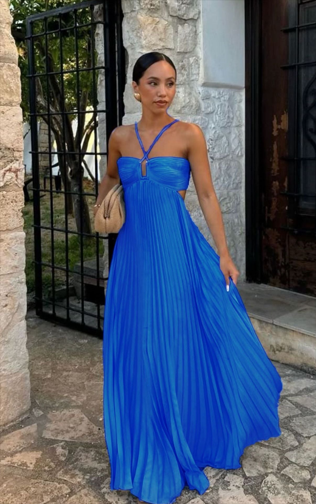 Women's Pleated Off-Shoulder Dress – Adjustable Strap Formal Dress