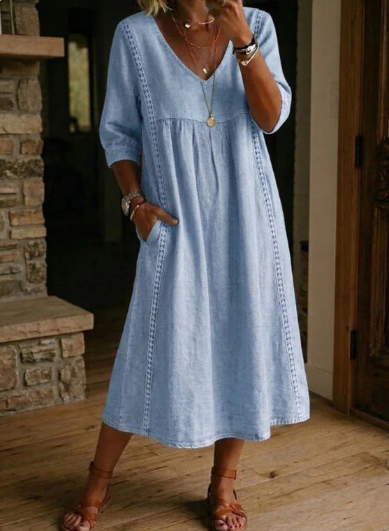 Women's Vintage Denim Look Dress – Relaxed Button Front Dress