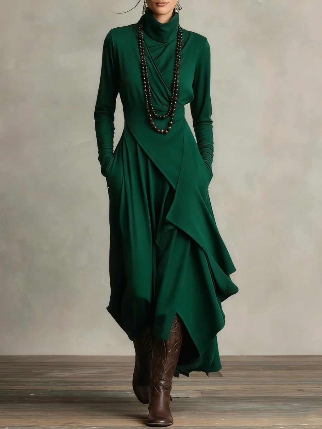 Women's Asymmetrical Knit Maxi Dress – High Neck Sweater Dress