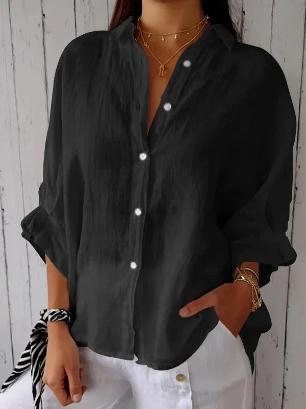 Women's Relaxed Blouse with Folded Sleeves and Button Front