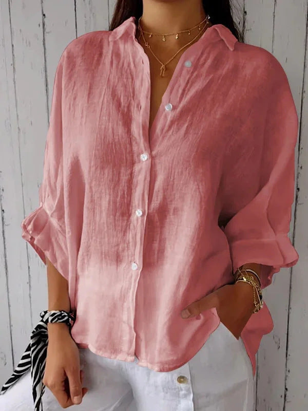 Women's Relaxed Blouse with Folded Sleeves and Button Front
