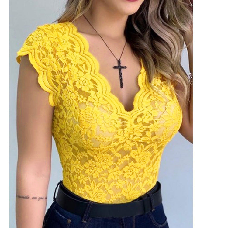 Women's Ruffle Sleeve Lace Bodysuit – Deep V-Neck Fitted Bodysuit