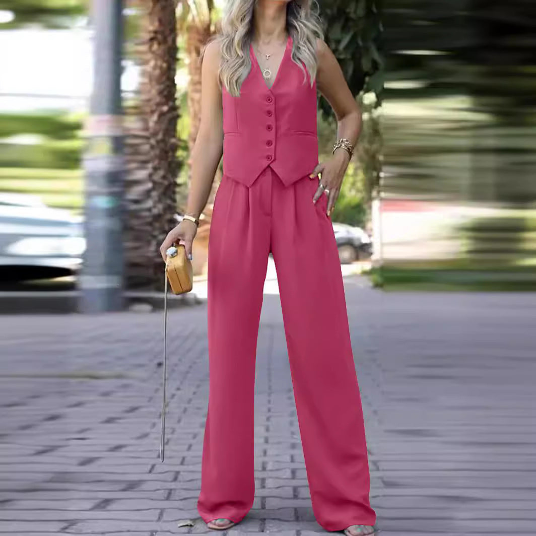 Women's Waistcoat Pants Set – Sleeveless V-Neck Vest & Wide Leg Trousers