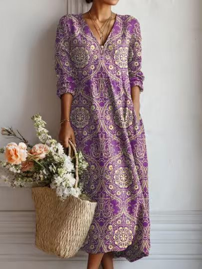 Women's Vintage Floral Midi Dress – Relaxed A-Line Summer Dress