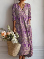 Women's Vintage Floral Midi Dress – Relaxed A-Line Summer Dress