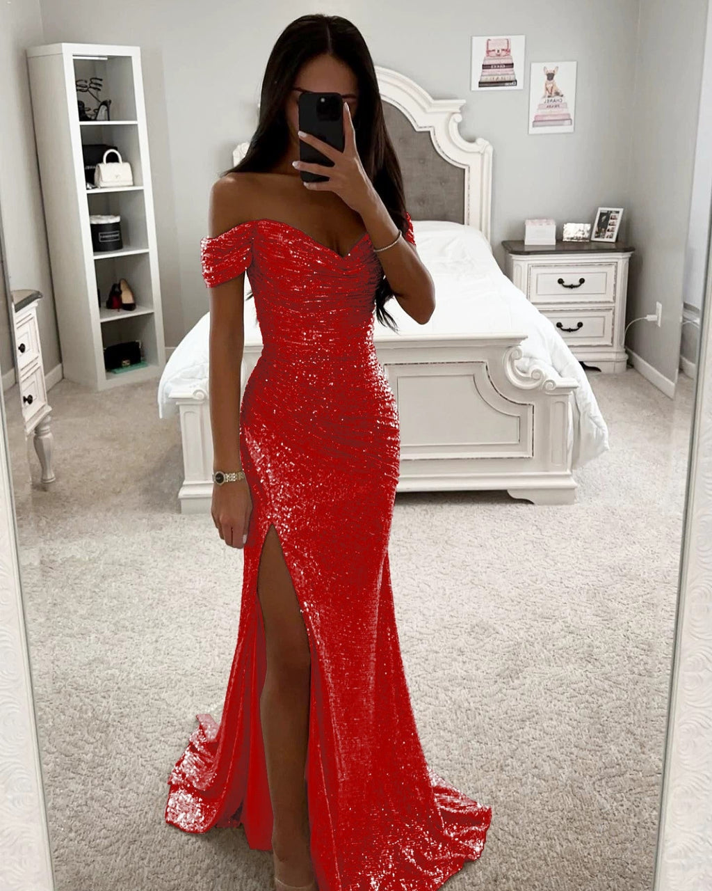 Women's Off-Shoulder Sequin Evening Dress – Side Slit Sparkle Gown