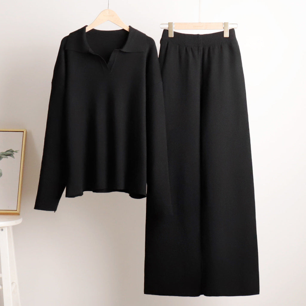 Women's Collared Polo Sweater Set – Oversized Top and Wide Leg Pants Set