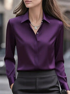 Women's Collared Blouse with Button Closure and Curved Hem