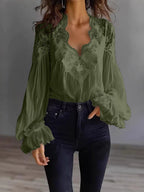Women's Lace Blouse with Sheer Sleeves and Scalloped Details