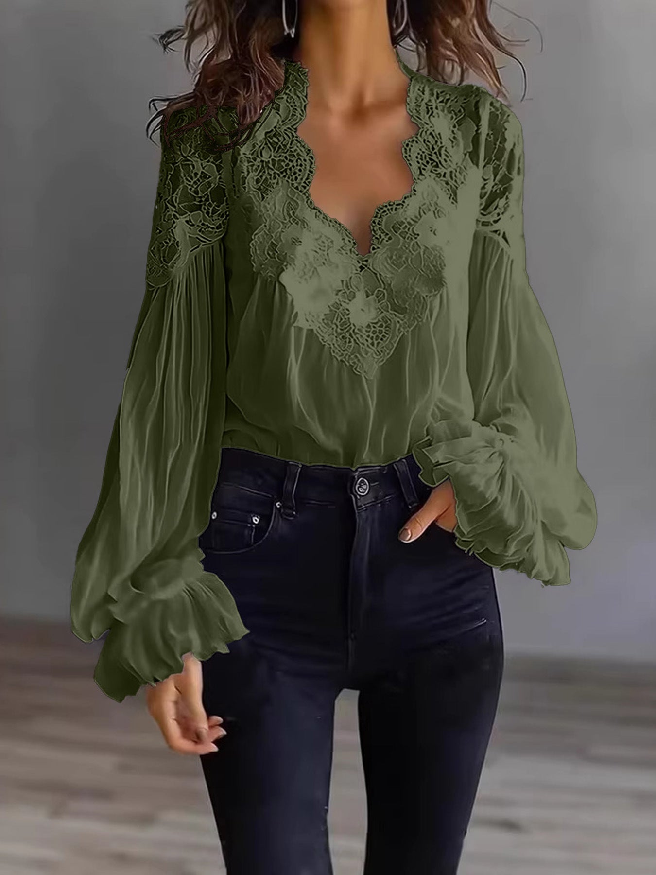 Women's Lace Blouse with Sheer Sleeves and Scalloped Details