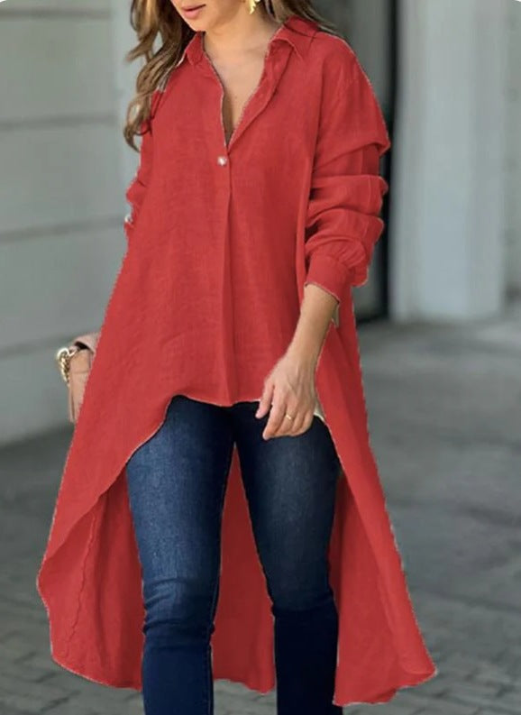 Women's Longline Shirt Blouse – Asymmetrical Button Down Tunic Blouse
