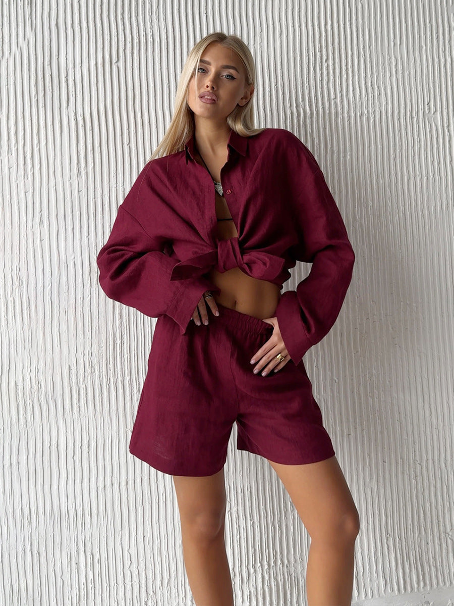 Women's Two Piece Set with Button Blouse and Matching Shorts