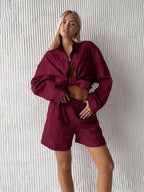 Women's Two Piece Set with Button Blouse and Matching Shorts