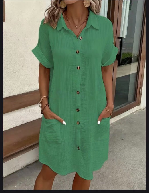 Women's Vintage V-Neck Dress – Three-Quarter Sleeve Flowy Dress