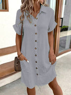 Women's Vintage V-Neck Dress – Three-Quarter Sleeve Flowy Dress