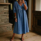 Women's V-Neck Midi Dress – Three-Quarter Sleeve Pocket Dress