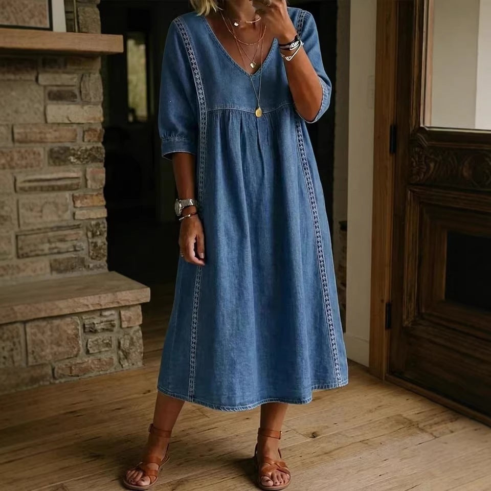 Women's V-Neck Midi Dress – Three-Quarter Sleeve Pocket Dress