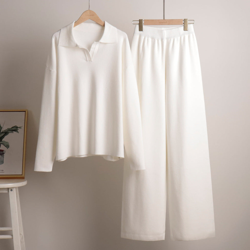 Women's Collared Polo Sweater Set – Oversized Top and Wide Leg Pants Set