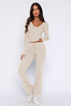 Women's Crop Top Flared Pants Set – Button Detail Casual Loungewear Set