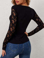 Women's Floral Lace Bodysuit – V-Neck Sheer Sleeve Fitted Bodysuit