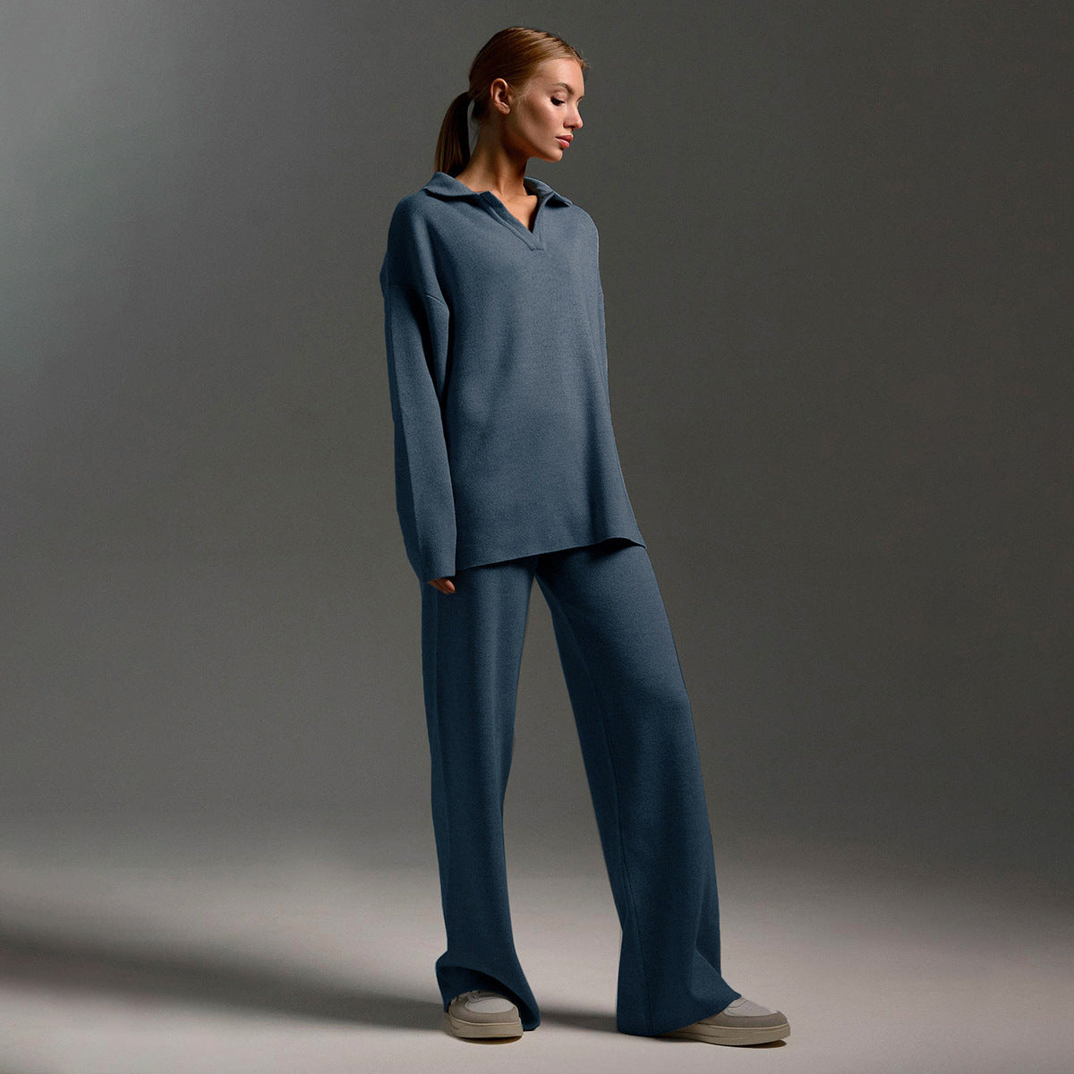 Women's Collared Polo Sweater Set – Oversized Top and Wide Leg Pants Set