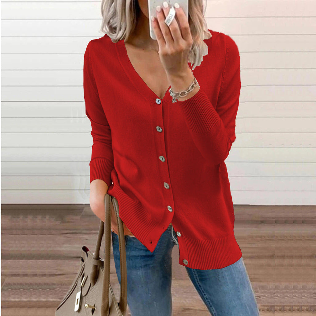 Women's V-Neck Button Cardigan – Ribbed Long Sleeve Knit Cardigan