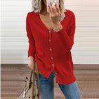 Women's V-Neck Button Cardigan – Ribbed Long Sleeve Knit Cardigan