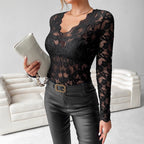 Women's Romantic Lace Bodysuit – V-Neck Long Sleeve Floral Bodysuit