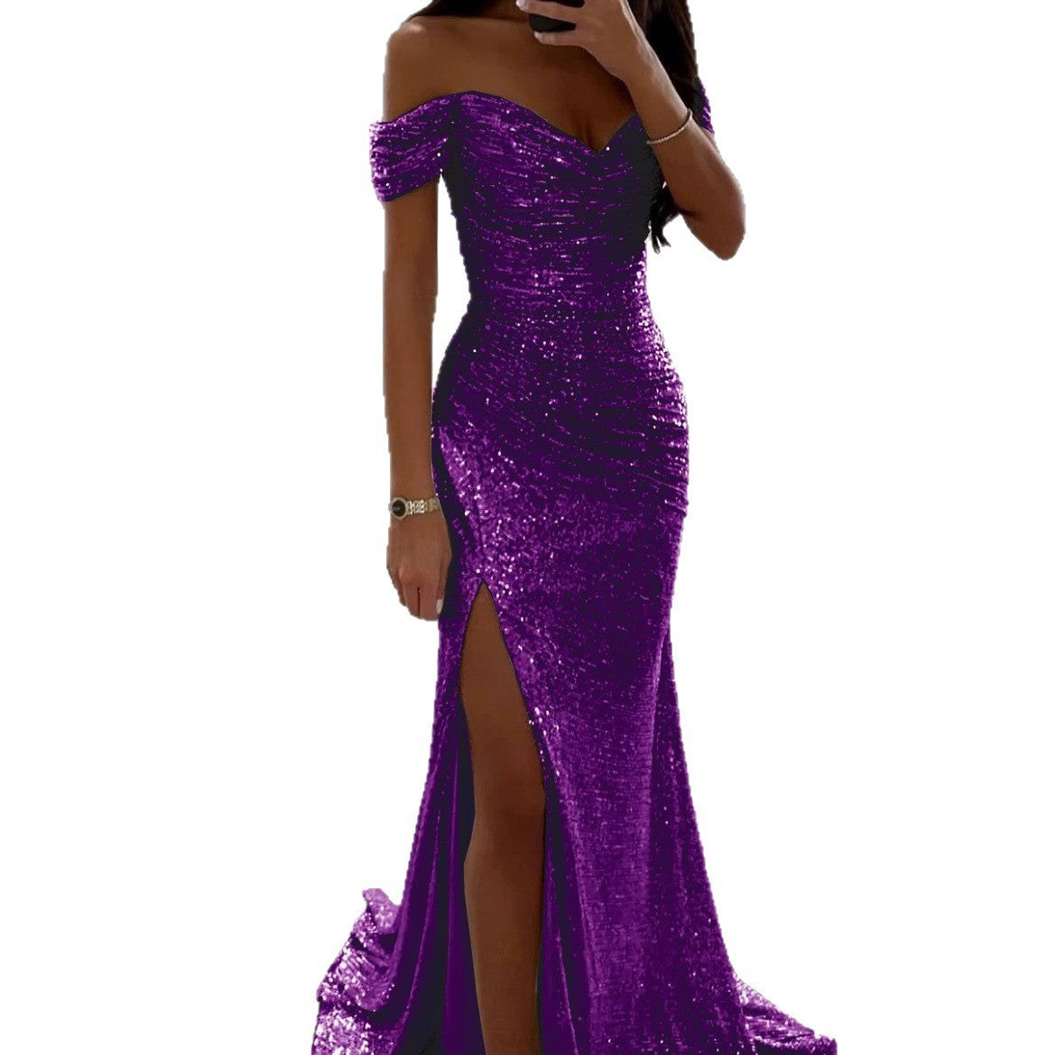 Women's Off-Shoulder Sequin Evening Dress – Side Slit Sparkle Gown
