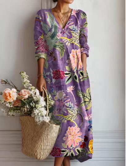 Women's Vintage Floral Midi Dress – Relaxed A-Line Summer Dress