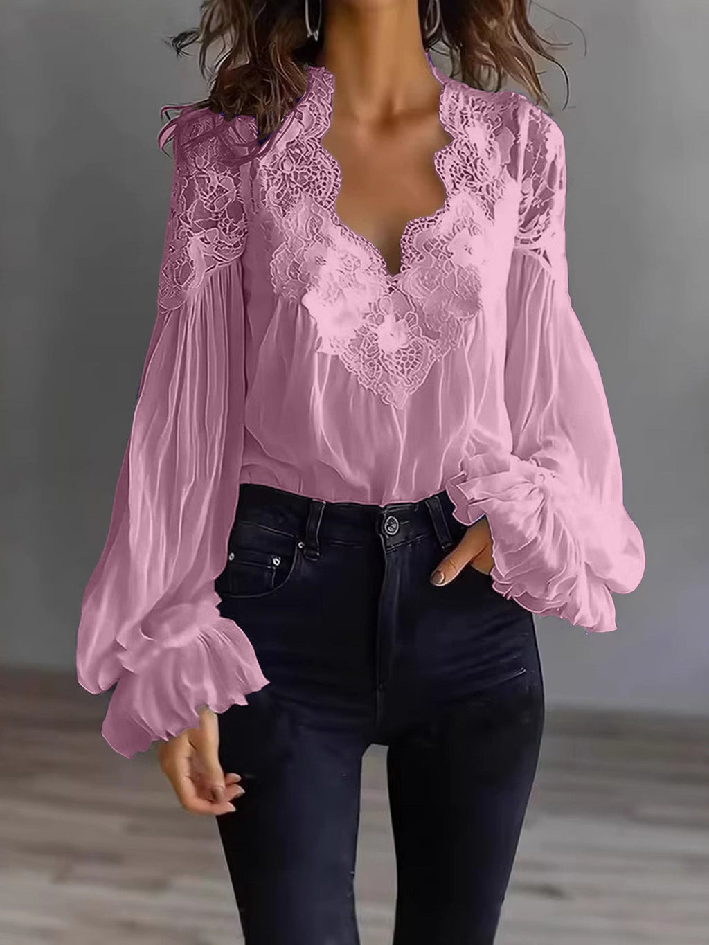 Women's Lace Blouse with Sheer Sleeves and Scalloped Details