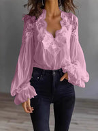 Women's Lace Blouse with Sheer Sleeves and Scalloped Details