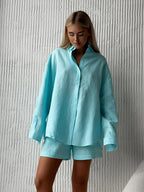 Women's Two Piece Set with Button Blouse and Matching Shorts
