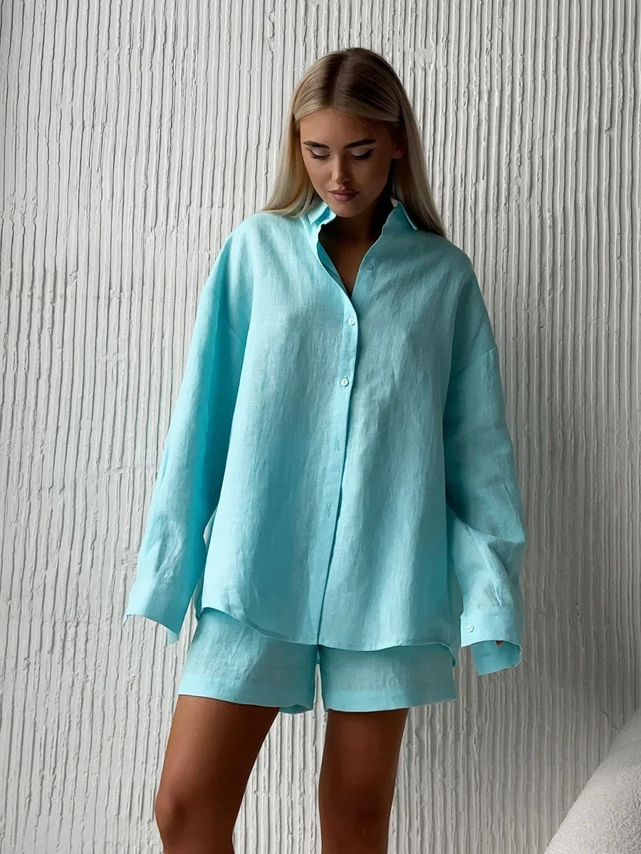 Women's Two Piece Set with Button Blouse and Matching Shorts