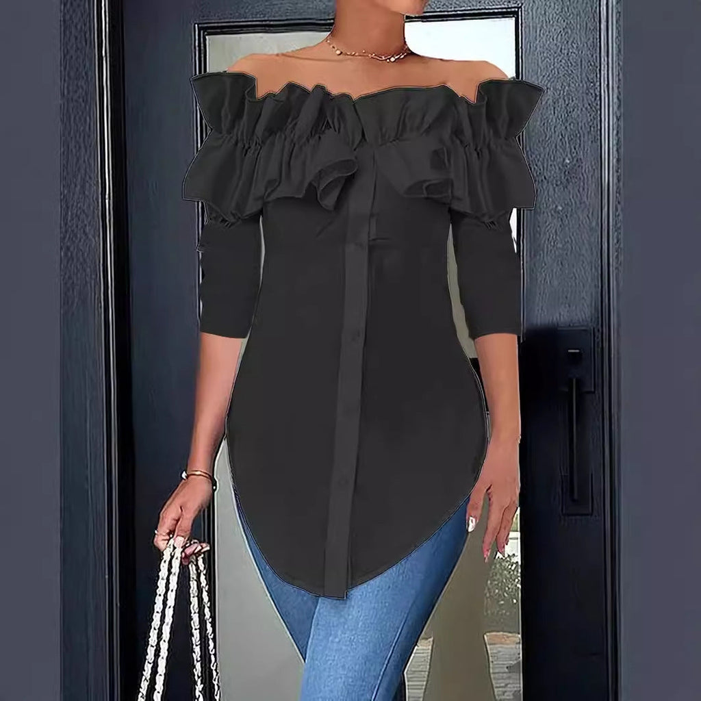 Women's Off-Shoulder Ruffle Blouse – Button Front Three-Quarter Sleeve Blouse
