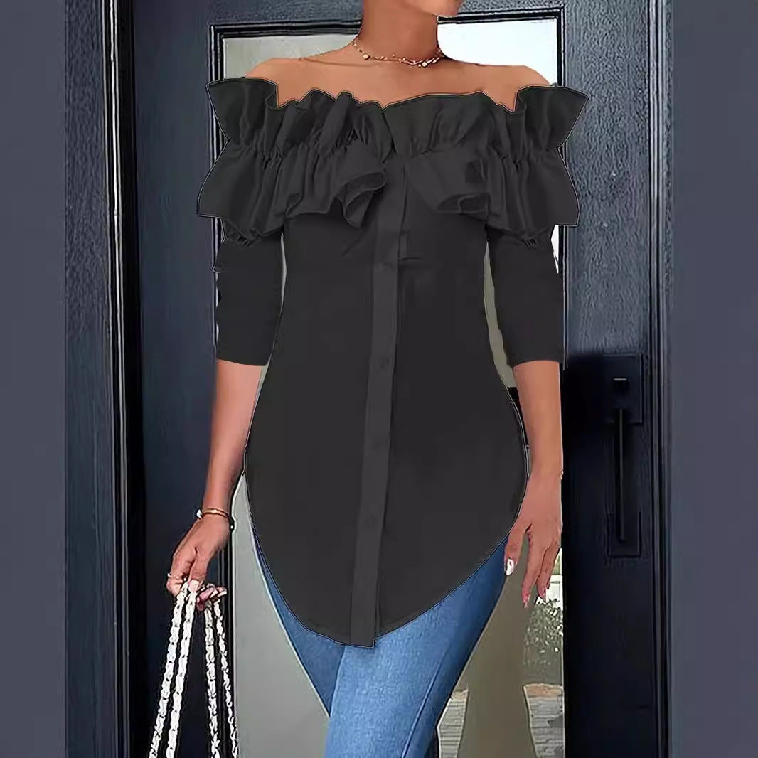 Women's Off-Shoulder Ruffle Blouse – Button Front Three-Quarter Sleeve Blouse