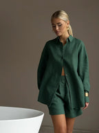 Women's Two Piece Set with Button Blouse and Matching Shorts