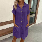 Women's Vintage V-Neck Dress – Three-Quarter Sleeve Flowy Dress