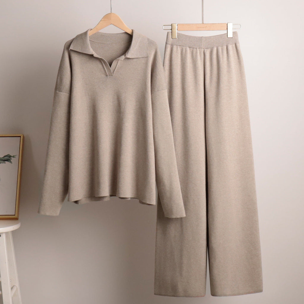 Women's Collared Polo Sweater Set – Oversized Top and Wide Leg Pants Set