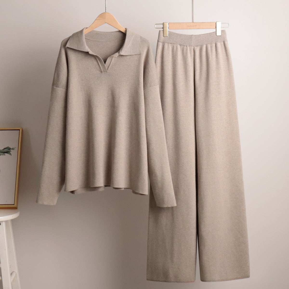 Women's Collared Polo Sweater Set – Oversized Top and Wide Leg Pants Set