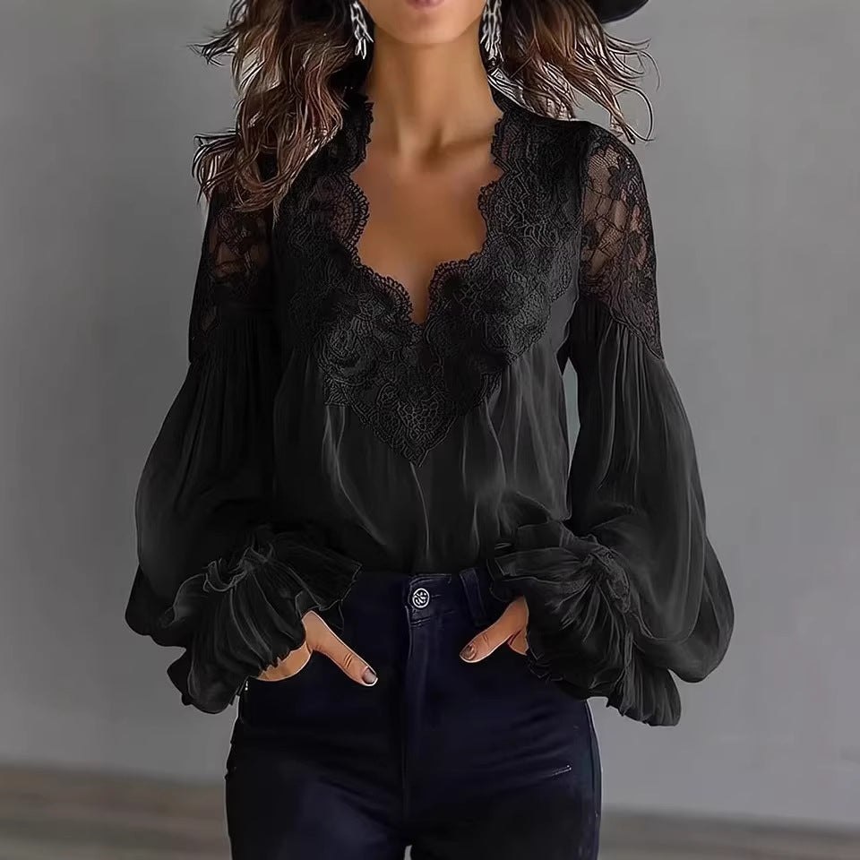 Women's Lace Blouse with Sheer Sleeves and Scalloped Details