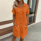 Women's Vintage V-Neck Dress – Three-Quarter Sleeve Flowy Dress